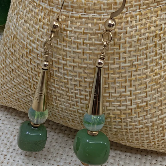 Vintage Handmade Green Glass Dangle Earrings | Boho Drop Style | Lightweight - Picture 14 of 14